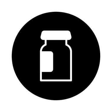 Siyah bir çembere karşı bir ilaç şişesinin minimalist vektör çizimi. Sağlık ve ilaç tasarımı için ideal..