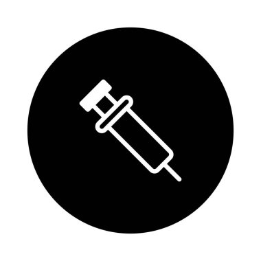 Beyaz çizgili bir şırınga ikonu siyah bir çemberin karşısına kurulur. Aşı, ilaç veya tıbbi tedaviyi sembolize ederek, sağlık hizmetlerinin minimalist bir temsilini sunar