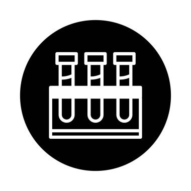 Bir minimalist bilim ikonu, bilimsel araştırma ve deneyleri sembolize eden, siyah dairesel bir arka plana karşı rafta üç test tüpü tasvir eder..