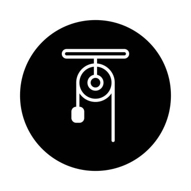 İzole edilmiş bir vektör illüstrasyonunda siyah bir daire üzerinde basit bir makara sistem simgesi gösterilir. Bu grafik mekanik avantajı ve mühendislik ekipmanlarını kaldırmayı simgeler..