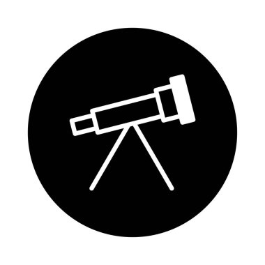 Astronomi ve gözlemi temsil eden, siyah bir arka planda beyaz çizgili basit, minimalist bir teleskop simgesi. Bilimsel ve eğitici temalar için uygun.