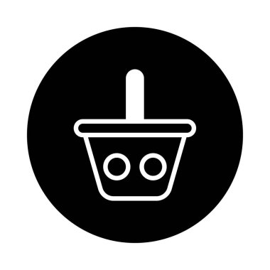 Siyah çember arkaplan üzerinde beyaz çizilmiş bir sepet simgesi, web tasarımı, ekommerce platformlarında ya da minimal grafik element olarak kullanmak için mükemmel.