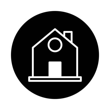 Siyah arka planda dairesel penceresi olan bir ev ikonunun minimalist çizimi. Ev, gayrimenkul ve modern mimari tasarımı temsil eder..