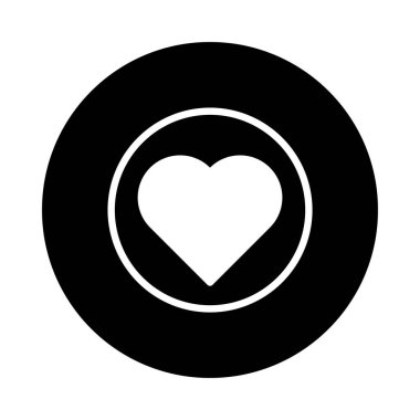 Bir çember sembolü içinde merkezli bir kalp ikonunu tasvir eden minimalist siyah ve beyaz grafik çizimi, sevgi ve sevgiyi işaret ediyor..