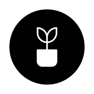 Siyah bir çemberin içinde bir saksının içindeki bitkiyi gösteren minimalist bir illüstrasyon. Çevre dostu tasarımlar ve büyüme için ideal.