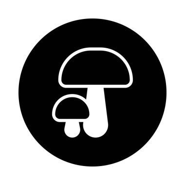 Katı siyah bir çembere karşı dizilmiş iki mantarın minimalist bir çizimi, temiz, kolaylıkla tanınabilen bir doğa ikonu gerektiren projeler için mükemmel..