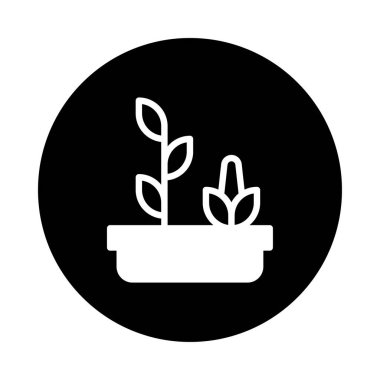 Bir minimalist illüstrasyon, bir saksının içinde büyüyen bir bitkiyi gösteriyor, siyah bir çemberin karşısında. Büyümeyi sembolize eden bir simge veya logo olarak kullanmak için ideal.