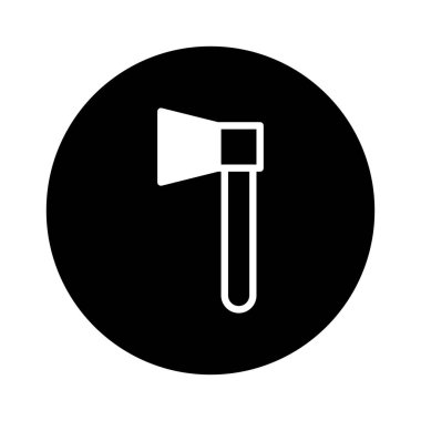 Minimalist bir vektör simgesi siyah bir çemberin içinde beyaz bir balta gösterir. Tasarım, ahşap işçiliği ve açık hava macera projeleri için idealdir..