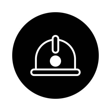Minimalist bir vektör grafiği, inşaat güvenliği ve endüstriyel kafa koruma ekipmanlarını sembolize eden siyah bir daire içinde bir başlık sergiliyor..