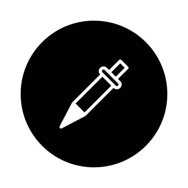 Tıbbi ekipmanları, laboratuvar araçlarını veya bilimsel araştırmaları temsil eden, siyah bir daireye karşı beyaz ana hatlı bir ilaç damlası pipeti ikonu içeren minimalist bir tasarım..