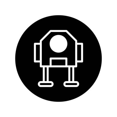 Görüntü, beyaz bir arkaplanda siyah bir çemberin içinde kapsüllenmiş basit bir robot figürü çizimini gösteriyor. Tasarım minimalist ve modern..