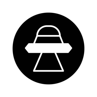 Çember içindeki bir UFO 'nun minimalist siyah beyaz çizimi. Teknoloji, uzay keşfi ve bilinmeyeni temsil eder..