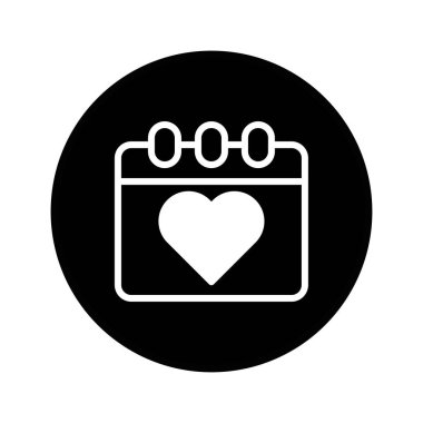 Bu resim, sayfasında kalp şekli olan bir monokrom takvim simgesini, aşk için özel bir tarihi ya da romantik bir olayı sembolize eder..