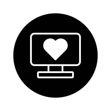 Siyah ve beyaz simgesi, çevrimiçi aşk, flört ve dijital bağlantıyı temsil eden kalp sembollü bir monitör görüntüler..