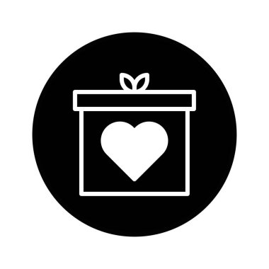 Siyah arka planda kalp süslemesi yapılmış bir hediye kutusu simgesinin minimalist vektör çizimi. Sevgililer Günü 'ne, yıldönümlerine ya da sevgi ve sevgiyi ifade etmeye uygun..