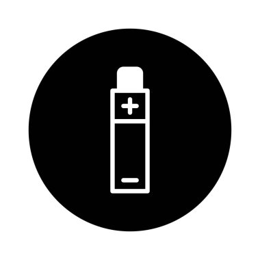 Bu minimalist illüstrasyon siyah bir çemberin içinde enerji ve şarj teknolojisini temsil eden bir pil sembolü gösteriyor. Temiz tasarım güç, elektrik ve sürdürülebilirlik taşır.