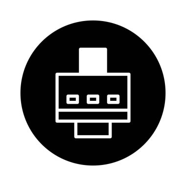 Siyah bir çemberin içindeki yazıcıyı gösteren minimalist bir simge. Teknoloji, ofis malzemeleri veya baskı hizmetleri için uygundur.