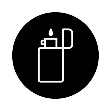 Bir çakmağın minimalist bir simgesi, siyah bir daireye karşı beyaz bir hatla temsil ediliyor, parlak ve modern bir grafik öğesi sunuyor..