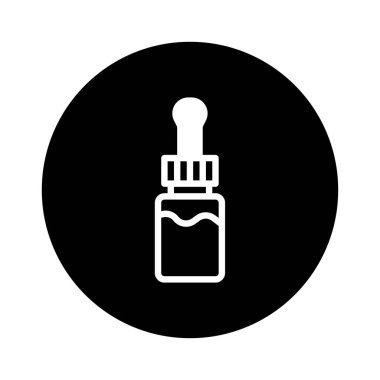 Bir minimalist siyah beyaz illüstrasyonda ilaç veya temel yağları temsil eden bir şişe ikonu sergilenir. Sağlık ve alternatif tedaviler öneriyor..