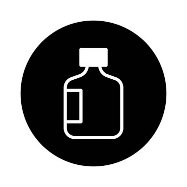 İlaç şişesinin minimalist bir simgesi siyah bir arka planda izole edilir, basit ve modern bir şekilde sağlık, ilaç ve sağlık hizmetlerini temsil eder..