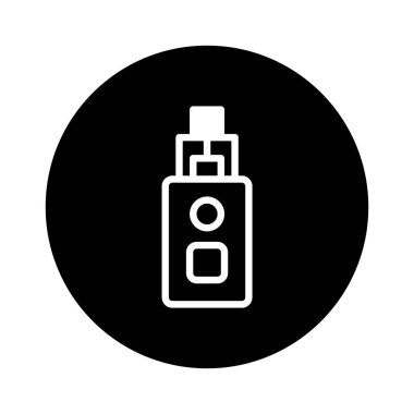 Siyah bir çember içine alınmış bir Vape aygıt simgesinin minimalist vektör çizimi. Modern sigara içme teknolojisini ve yaşam tarzını sembolize eden bu resim, buharlaşma eğilimini vurgular..
