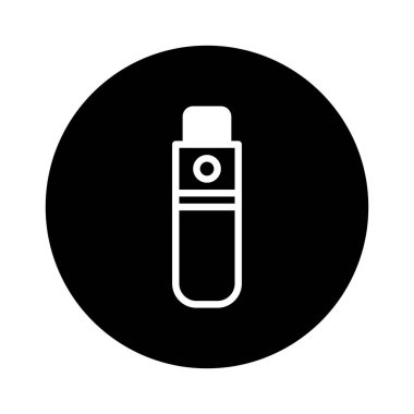 Minimalist bir kalem simgesi, siyah daire arka planında beyaz, temiz bir özet içeriyor. Elektronik sigara ve modern buharı temsil eder..