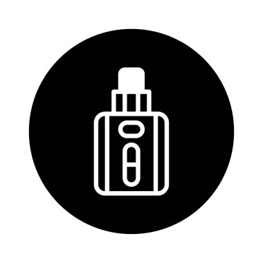 Vape cihazının minimalist bir simgesi siyah bir çemberin merkezindedir. Elektronik sigara içme, temiz tasarım ve modern kültürü temsil eder..