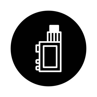 Elektronik sigara buharlaştırma cihazı tasviri, buharlaştırma için modern teknoloji, siyah daireli arka planda. Nikotin bağımlılığı kavramı.