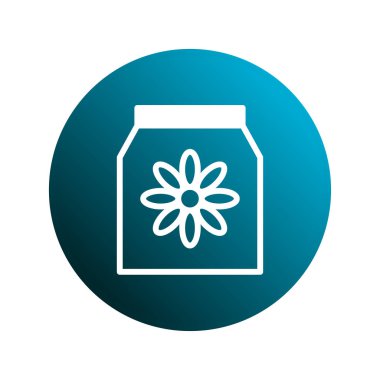 Bir ambalaj sembolü üzerinde çiçek bulunan minimalist bir ikon, mavi bir gradyan çembere karşı dizilmiş, doğayı ve sürdürülebilir ürün tasarımını sembolize ediyor.