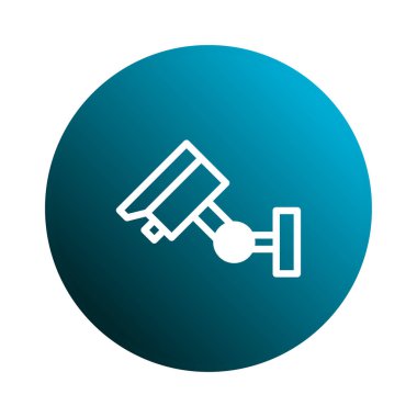 Güvenlik ve gözetleme sistemlerini temsil eden mavi bir çemberin içindeki güvenlik kamerası ikonunun basit ve temiz bir çizimi.