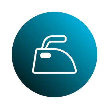 Bir minimalist illüstrasyon, mavi dairesel bir arkaplana karşı beyaz bir ütü ikonu tasvir eder, çamaşırhaneyi, giysi bakımını ve ev işlerini basit bir zarafetle temsil eder.