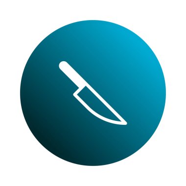 Mavi dairesel arka planda beyaz bıçak silueti olan basit ve modern bir ikon. Yemek pişirme, mutfak gereçleri veya restoranla ilgili temaları temsil etmek için ideal.