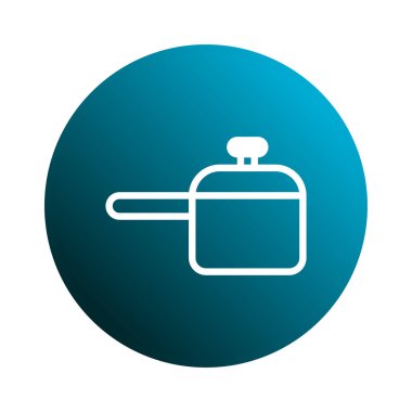 Mutfak teması, yemek tarifi ya da yemekle ilgili tasarımlar için ideal, mavi eğimli bir daire arka planda izole edilmiş kapağı olan bir yemek tenceresinin minimalist simgesi..