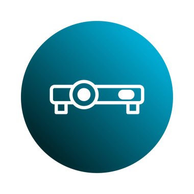 Mavi daire arkaplanındaki beyaz projektör simgesi, sunumları, teknolojiyi veya iletişimi sembolize etmek için idealdir, web sitesi, uygulama veya grafik tasarım projeleri için uygundur.