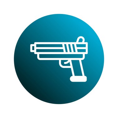 Bir silahın temiz ve modern bir tasviri, dairesel mavi arka plana karşı beyaz bir taslak olarak sunulmuştur, grafik tasarımı için uygundur..