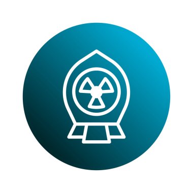 Beyaz bir radyasyon sembolü eğimli bir mavi çemberin merkezindedir. Bu görüntü nükleer enerjiyle ilişkili tehlikeleri temsil ediyor..