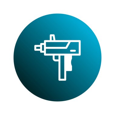 Bu resim, güvenlik, teknoloji veya oyun ile ilgili konular için mükemmel bir şekilde uygun, eğimli bir mavi daire arkaplan üzerine kurulu modern bir ateşli silah ikonu içerir..