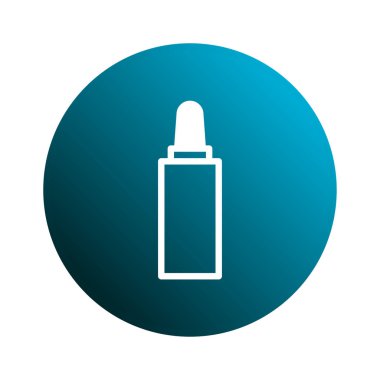 Beyaz damlalık şişe simgesinin minimalist bir vektör çizimi, sağlık ve kozmetik temalar için ideal, eğimli bir mavi daire üzerine kuruludur..