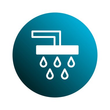 Mavi dairesel arka planda, temizlik ve hijyeni simgeleyen ikonik duş başlığı çizimi. Banyo tasarımları ve ilgili konular için mükemmel..