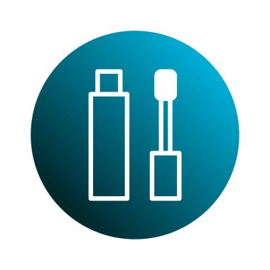 Maskaranın basit beyaz ana hatlı simgesi ve aplikatörü eğimli mavi dairesel arkaplana ayarlı. Kozmetik veya güzellik kavramları için minimalist tasarım.