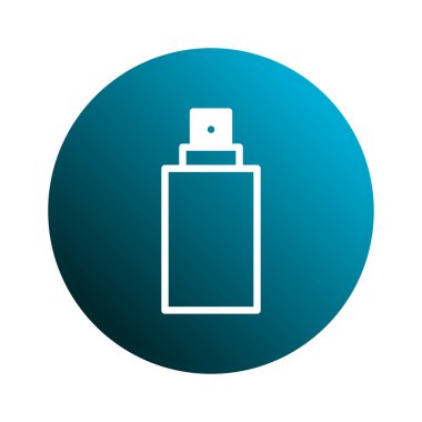 Parfüm spreyi şişesinin minimalist vektör çizimi. Güzellik, moda veya yaşam tarzı içeriği için mükemmel. Mavi bir eğim çemberine karşı ayarla.