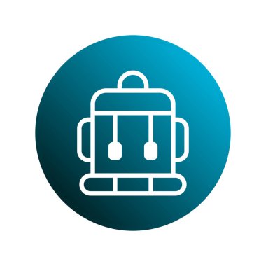 Sırt çantası simgesi tasviri. İkonda mavi bir gradyan çemberin içinde beyaz çizilmiş bir sırt çantası yer alıyor. Basit tasarım seyahat ve macera taşır..