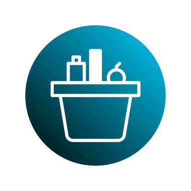 Bu soyut tasarım, canlı bir deniz mavisi yuvarlak arka planına karşı minimalist bir taslak şeklinde yapılmış bir alışveriş sepeti simgesini içerir. Alışveriş ve market kavramlarını temsil ediyor..