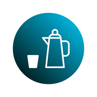 Bir minimalist illüstrasyon, bir termos ve beyazla çizilmiş bir bardağı gradyan mavi dairesel arka planda tasvir eder. Kafe veya restoran temaları için ideal.