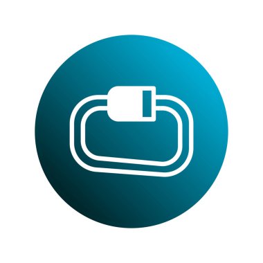 Bir karabinanın vektör çizimi, tırmanma ve açık hava sporları için gerekli güvenlik ekipmanı, modern bir gradyan mavi daire içinde sunulmaktadır. Macera ve güvenlik terfileri için mükemmel..