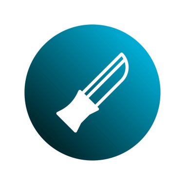 Mavi bir dairedeki minimalist beyaz bıçak ikonu, eğimli arka planda, temiz ve modern bir tasarım sunuyor. Web tasarımı, grafik ögeleri veya çizimler gibi çeşitli amaçlar için kullanışlıdır.