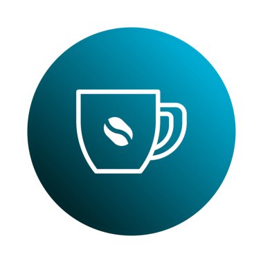 Bir minimalist tasarım, içinde kahve çekirdeği sembolü olan bir kahve fincanının, gradyan mavi dairesel arkaplan üzerine kurulmuş basit bir beyaz taslağını içerir..