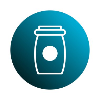 Bir minimalist kavanoz simgesi, temiz ve modern bir konteynır konseptini temsil eden mavi eğimli bir daire arkaplanına karşı görüntülenir.