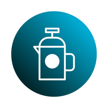 Bir Fransız kahve makinesi ikonunun şık bir tasviri, gradyan bir mavi daireye karşı kurulmuş, modern tasarım duygusunu aktarıyor ve zarafet yaratıyor..