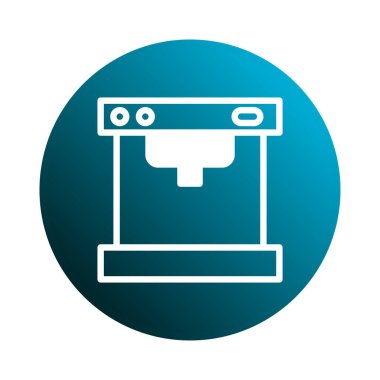 Canlı bir mavi çemberin merkezindeki beyaz kahve makinesi ikonunun izole edilmiş vektör çizimi. İçeceğe hazırlık için basit ama modern bir tasarım..